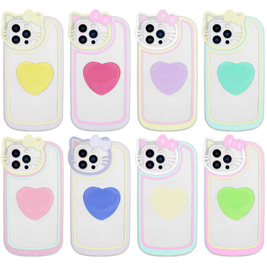 Apple  iPhone 12 Pro Max Kılıf Kedi Figürlü Transparan Pop Soketli Renkli Silikon Kapak (Ritmik) Pembe