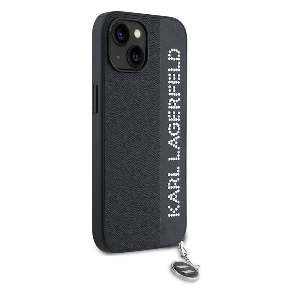 Apple iPhone 14 Kılıf Karl Lagerfeld Orjinal Lisanslı Anahtarlıklı Taşlı KL Yazılı Saffiano Rhinestones Kapak