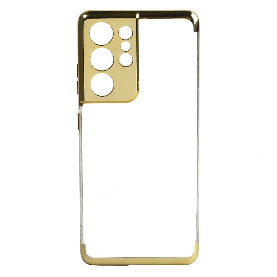 Samsung Galaxy S21 Ultra Kılıf Dört Köşe Renkli Lazer Şeffaf Silikon Kapak (GLİTTER) Gold