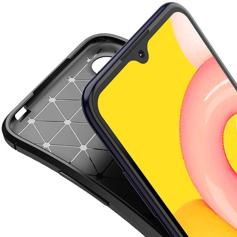 Samsung Galaxy A01 Kılıf Kamera Çıkıntılı Karbon Fiber Dokulu Renk Atmaz Kapak (NEGRO) Lacivert