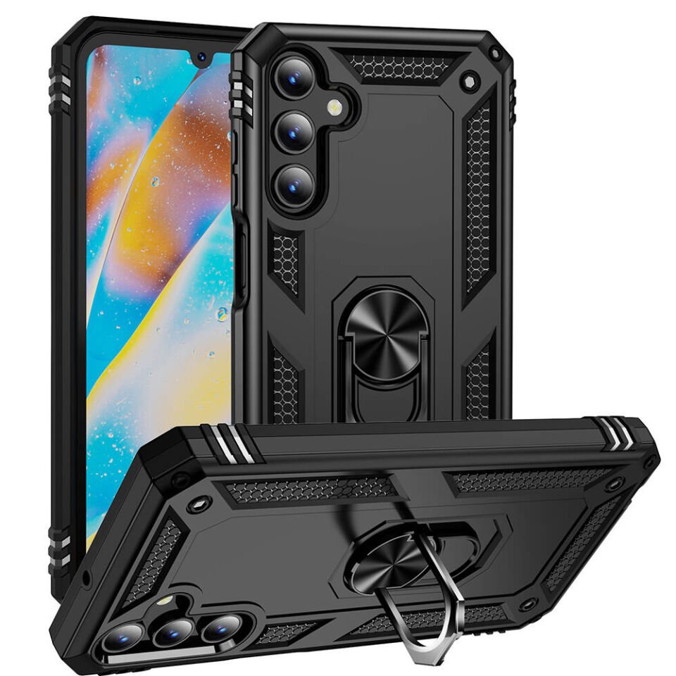 Samsung Galaxy A15 Kılıf Tank Zırh Yüzüklü Mıknatıslı Standlı Kapak (VEGA) Siyah