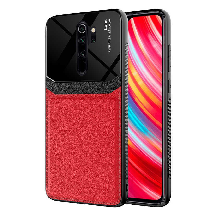 Xiaomi Redmi Note 8 Pro Kılıf Parlak Sert Pc Deri Görünümlü Şık Tasarım Silikon Kapak (Emiks) Kırmızı