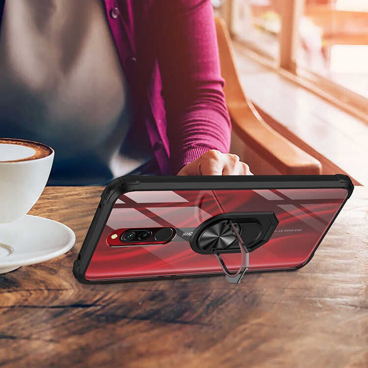 Xiaomi Redmi 8A Kılıf Arkası Şeffaf Kenarları Renkli Yüzüklü Tank Kapak (MOLA) Siyah