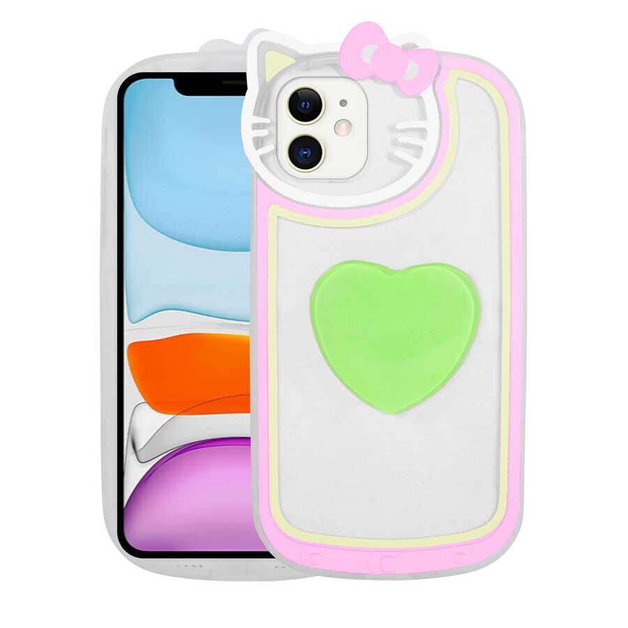 Apple iPhone 11 Kılıf Kedi Figürlü Transparan Pop Soketli Renkli Silikon Kapak (Ritmik) Yeşil