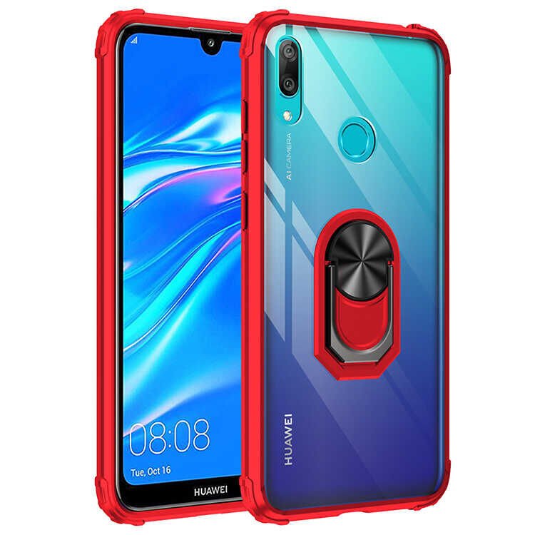 Huawei Y7 Prime 2019 Kılıf Arkası Şeffaf Kenarları Renkli Yüzüklü Tank Kapak (MOLA) Kırmızı