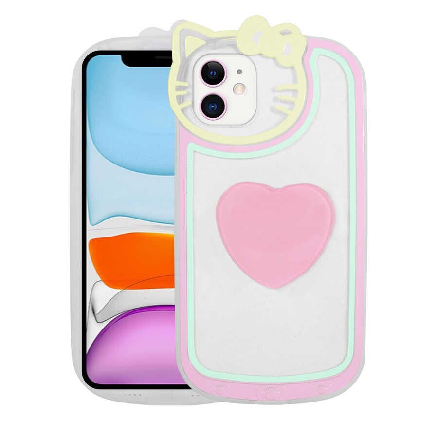 Apple  iPhone 12 Kılıf Kedi Figürlü Transparan Pop Soketli Renkli Silikon Kapak (Ritmik) Pembe