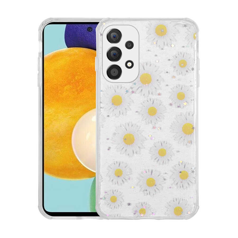 Samsung Galaxy A52 Kılıf Simli Desenli Köşe Kamera Korumalı Darbe Emici Silikon Kapak (Popy) Papatya