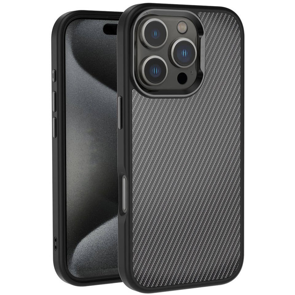Apple iPhone 16 Pro Max Kılıf Karbon Fiber Görünümlü Parlak Kamera Çerçeveli HEPTEKİLETİŞİM Venus Kapak