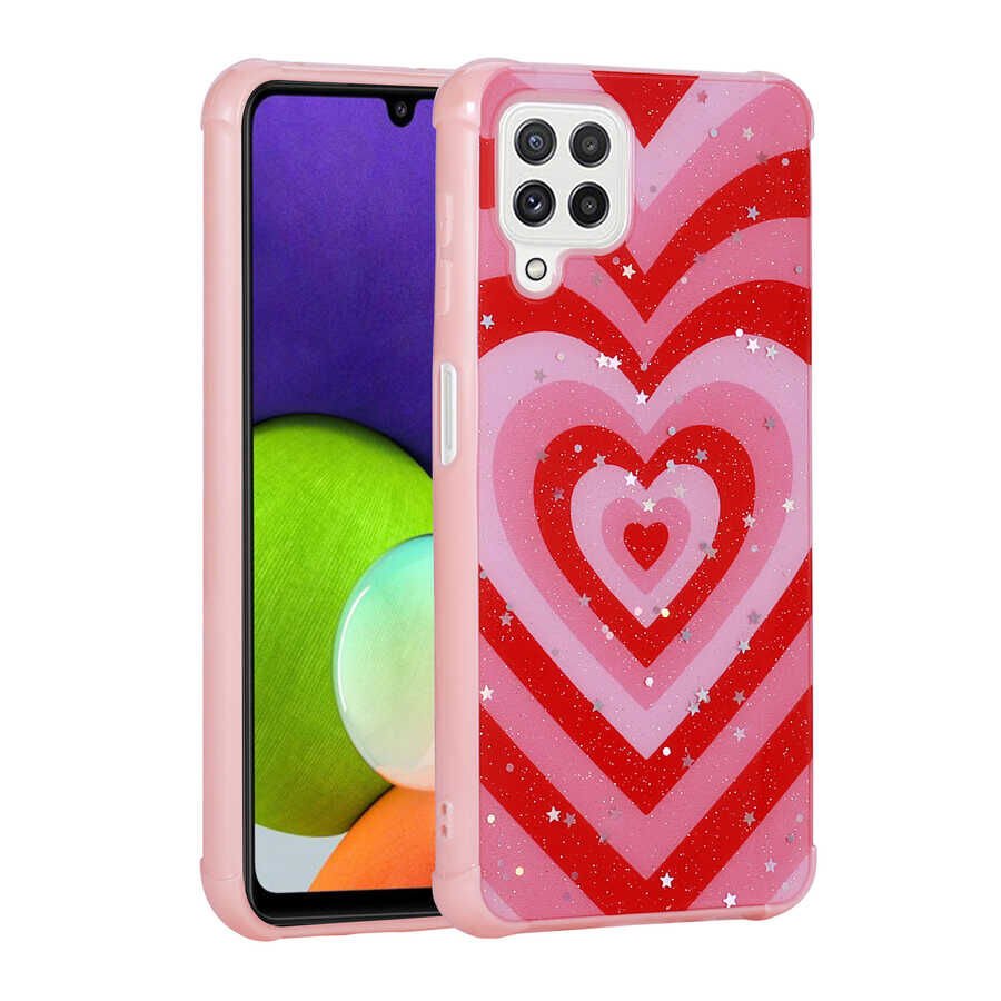 Samsung Galaxy M22 Kılıf Simli Desenli Köşe Kamera Korumalı Darbe Emici Silikon Kapak (Popy) Kalp