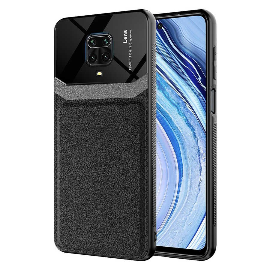 Xiaomi Redmi Note 9S Kılıf Parlak Sert Pc Deri Görünümlü Şık Tasarım Silikon Kapak (Emiks) Siyah