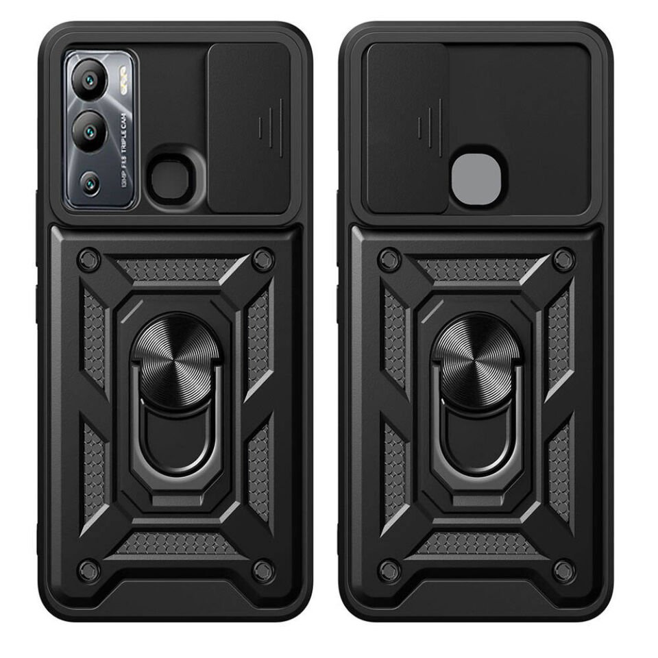 İnfinix Hot 12i Kılıf Sürgülü Tank Zırh Yüzüklü Mıknatıslı Standlı Kapak (S-VEGA) Mavi