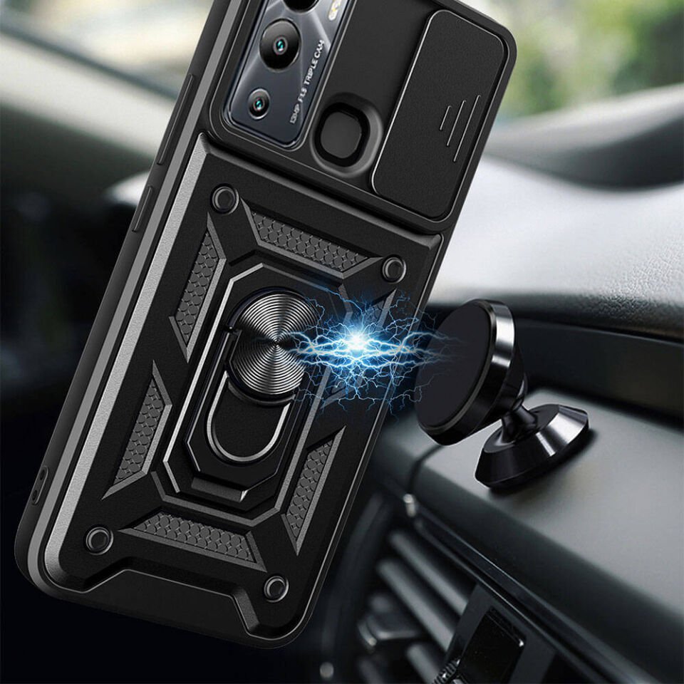 İnfinix Hot 12i Kılıf Sürgülü Tank Zırh Yüzüklü Mıknatıslı Standlı Kapak (S-VEGA) Mavi