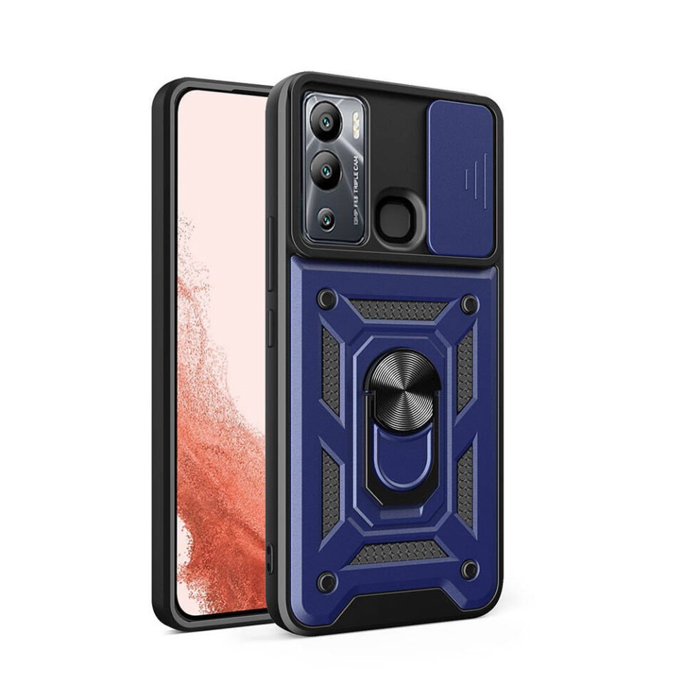 İnfinix Hot 12i Kılıf Sürgülü Tank Zırh Yüzüklü Mıknatıslı Standlı Kapak (S-VEGA) Mavi