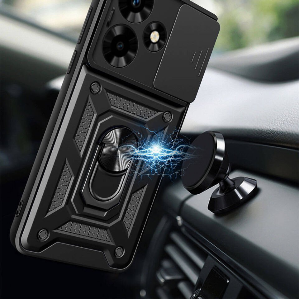 İnfinix Hot 30 Kılıf Sürgülü Tank Zırh Yüzüklü Mıknatıslı Standlı Kapak (S-VEGA) Siyah
