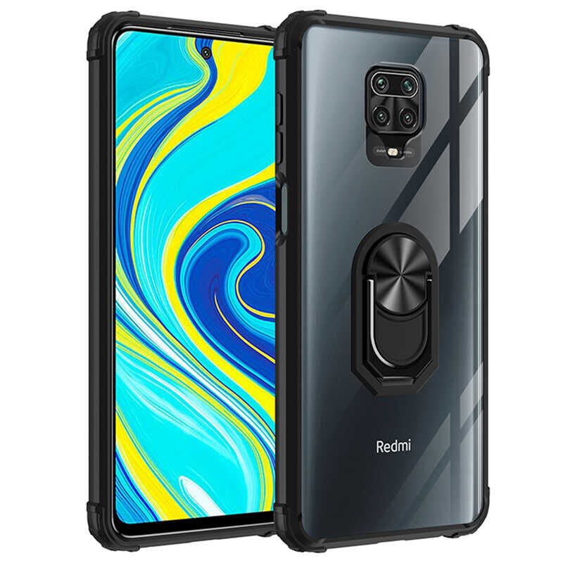 Xiaomi Redmi Note 9 Pro Kılıf Arkası Şeffaf Kenarları Renkli Yüzüklü Tank Kapak (MOLA) Siyah