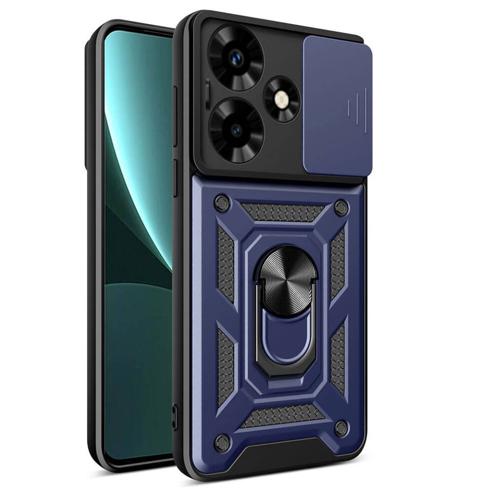 İnfinix Hot 30 Kılıf Sürgülü Tank Zırh Yüzüklü Mıknatıslı Standlı Kapak (S-VEGA) Mavi