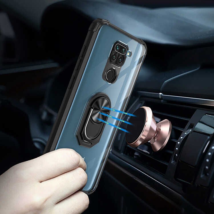 Xiaomi Redmi Note 9 Kılıf Arkası Şeffaf Kenarları Renkli Yüzüklü Tank Kapak (MOLA) Siyah