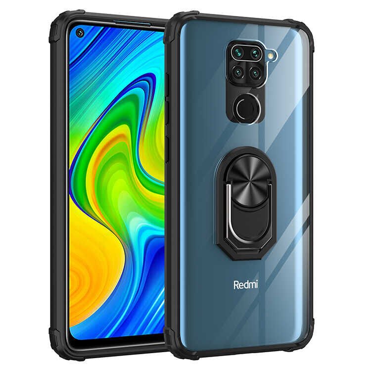 Xiaomi Redmi Note 9 Kılıf Arkası Şeffaf Kenarları Renkli Yüzüklü Tank Kapak (MOLA) Siyah