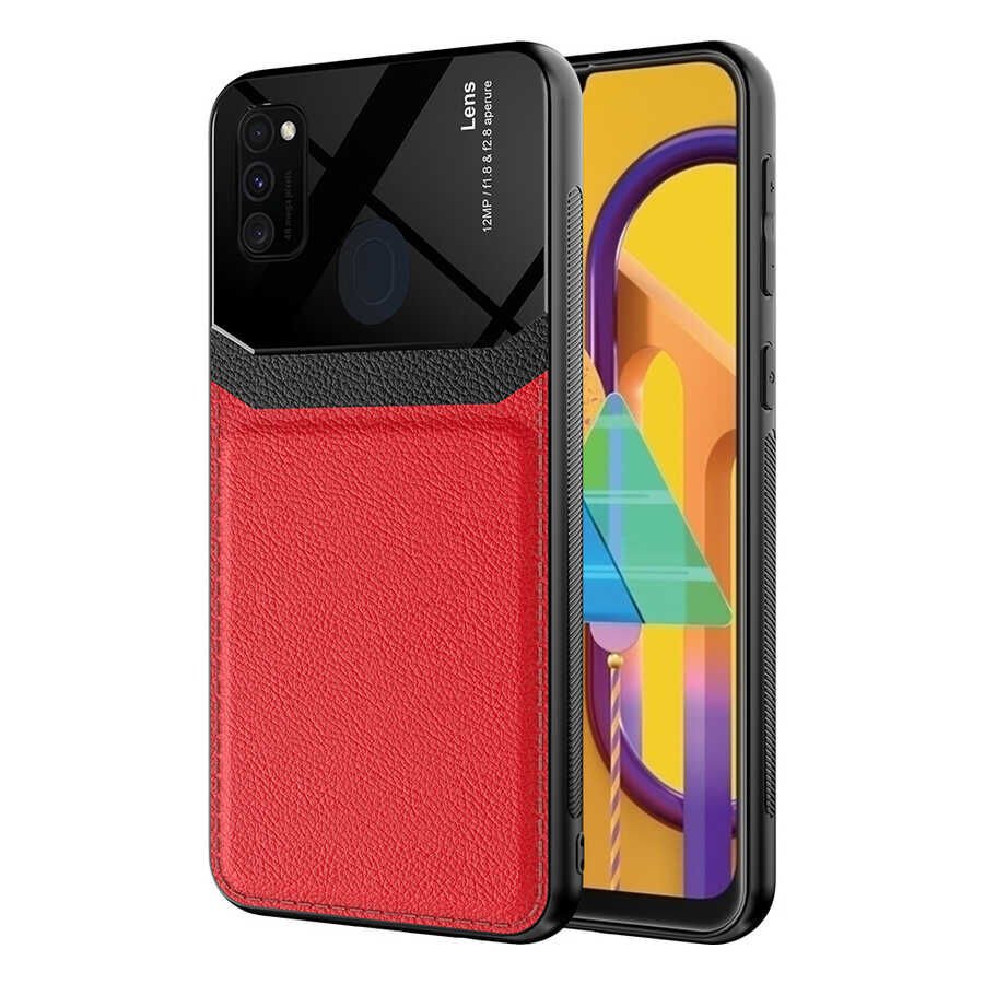Samsung Galaxy M30S Kılıf Parlak Sert Pc Deri Görünümlü Şık Tasarım Silikon Kapak (Emiks) Kırmızı