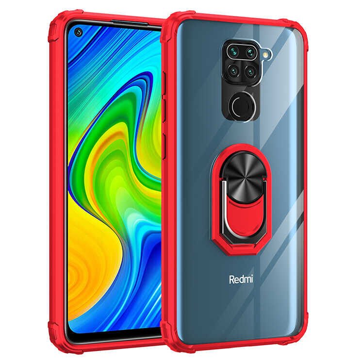 Xiaomi Redmi Note 9 Kılıf Arkası Şeffaf Kenarları Renkli Yüzüklü Tank Kapak (MOLA) Kırmızı