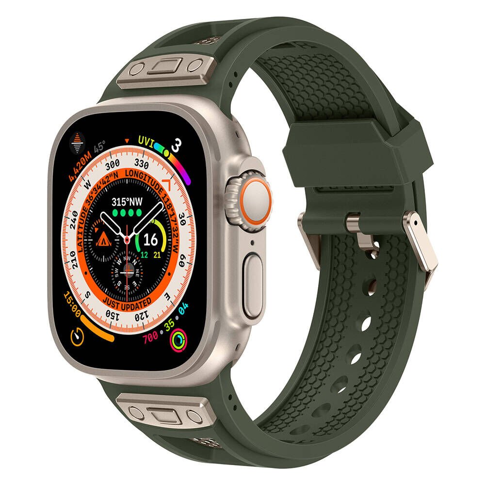 Apple Watch 2/3/4/5/6/7/8/9/se/ultra/nike 42mm 44mm 45mm 49mm Metal Kordon Tasarım (KRD-117) Titanyum-Yeşil