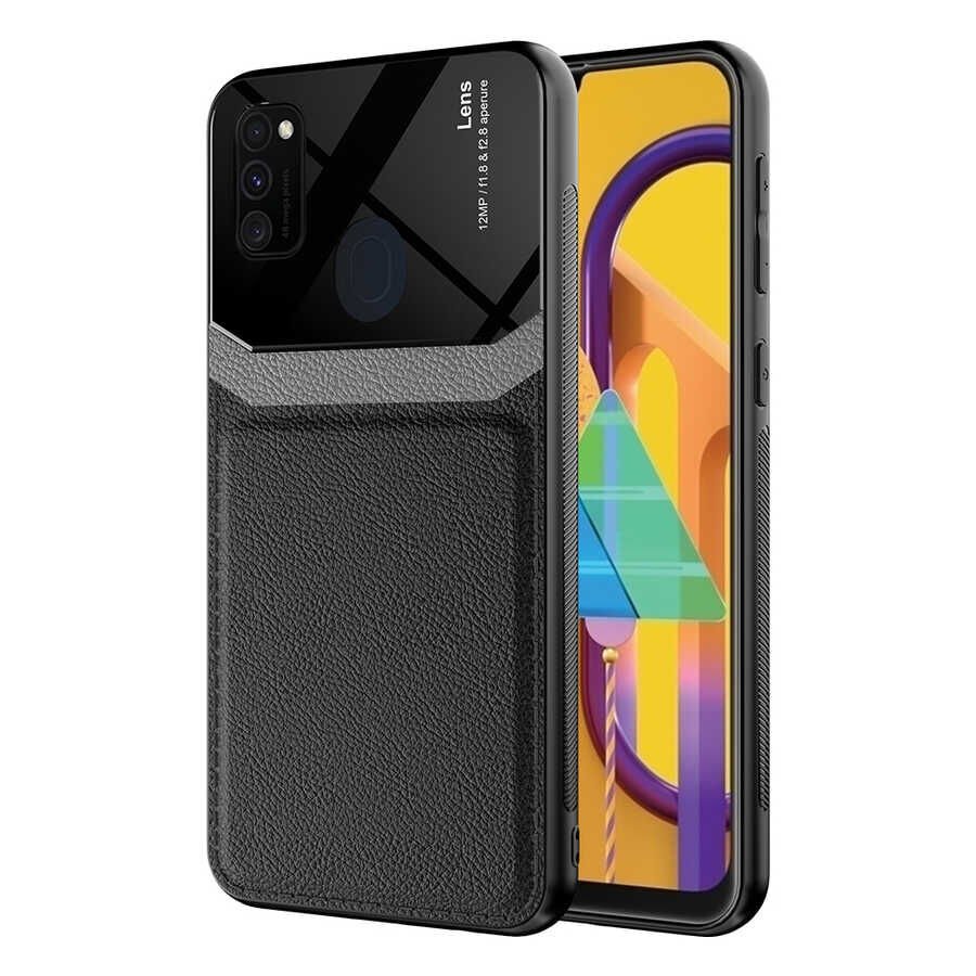 Samsung Galaxy M21 Kılıf Parlak Sert Pc Deri Görünümlü Şık Tasarım Silikon Kapak (Emiks) Siyah