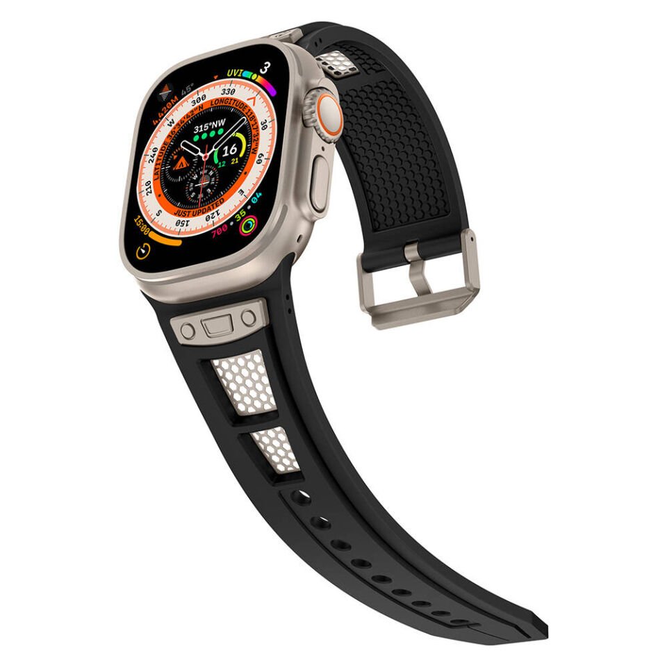 Apple Watch 2/3/4/5/6/7/8/9/se/ultra/nike 42mm 44mm 45mm 49mm Metal Kordon Tasarım (KRD-117) Titanyum-Turuncu