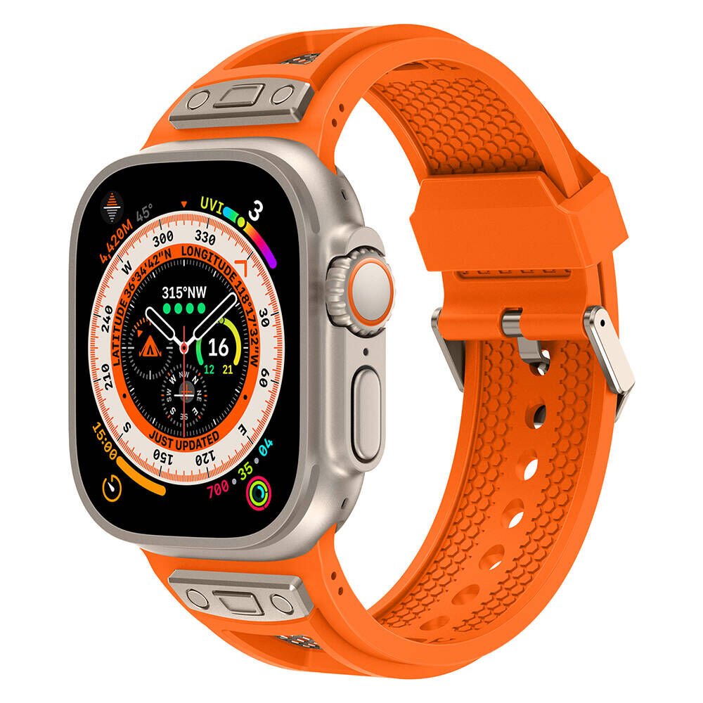 Apple Watch 2/3/4/5/6/7/8/9/se/ultra/nike 42mm 44mm 45mm 49mm Metal Kordon Tasarım (KRD-117) Titanyum-Turuncu