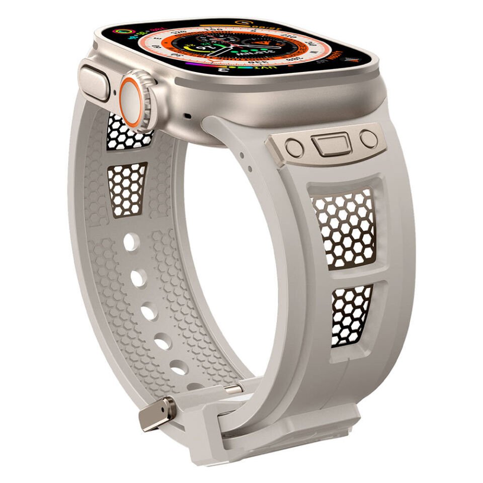 Apple Watch 2/3/4/5/6/7/8/9/se/ultra/nike 42mm 44mm 45mm 49mm Metal Kordon Tasarım (KRD-117) Titanyum-Turuncu