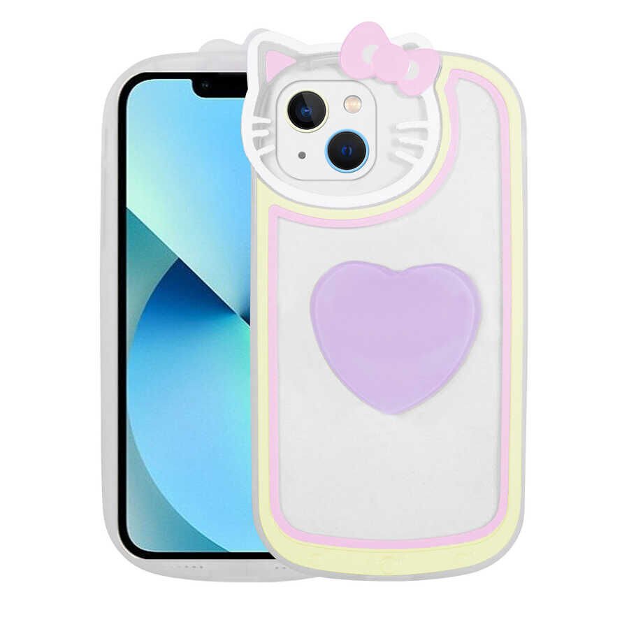 Apple  iPhone 13 Kılıf Kedi Figürlü Transparan Pop Soketli Renkli Silikon Kapak (Ritmik) Lila