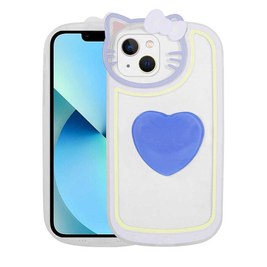 Apple  iPhone 13 Kılıf Kedi Figürlü Transparan Pop Soketli Renkli Silikon Kapak (Ritmik) Mavi