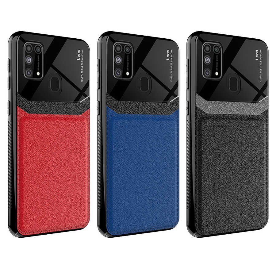 Samsung Galaxy M31 Kılıf Parlak Sert Pc Deri Görünümlü Şık Tasarım Silikon Kapak (Emiks) Lacivert