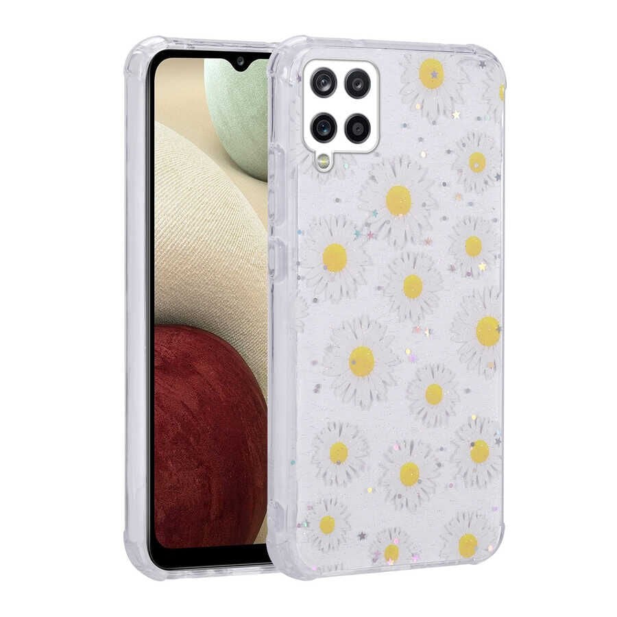 Samsung Galaxy A12 Kılıf Simli Desenli Köşe Kamera Korumalı Darbe Emici Silikon Kapak (Popy) Dallar