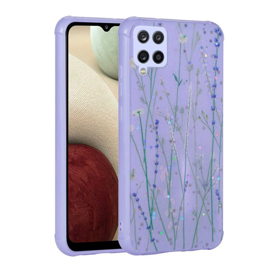 Samsung Galaxy A12 Kılıf Simli Desenli Köşe Kamera Korumalı Darbe Emici Silikon Kapak (Popy) Dallar