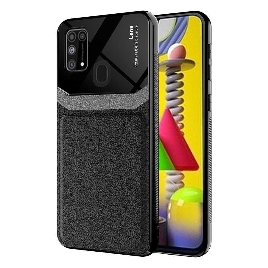 Samsung Galaxy M31 Kılıf Parlak Sert Pc Deri Görünümlü Şık Tasarım Silikon Kapak (Emiks) Siyah