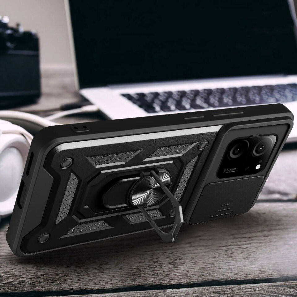 Xiaomi Mi 13T Pro Kılıf Sürgülü Tank Zırh Yüzüklü Mıknatıslı Standlı Kapak (S-VEGA) Siyah