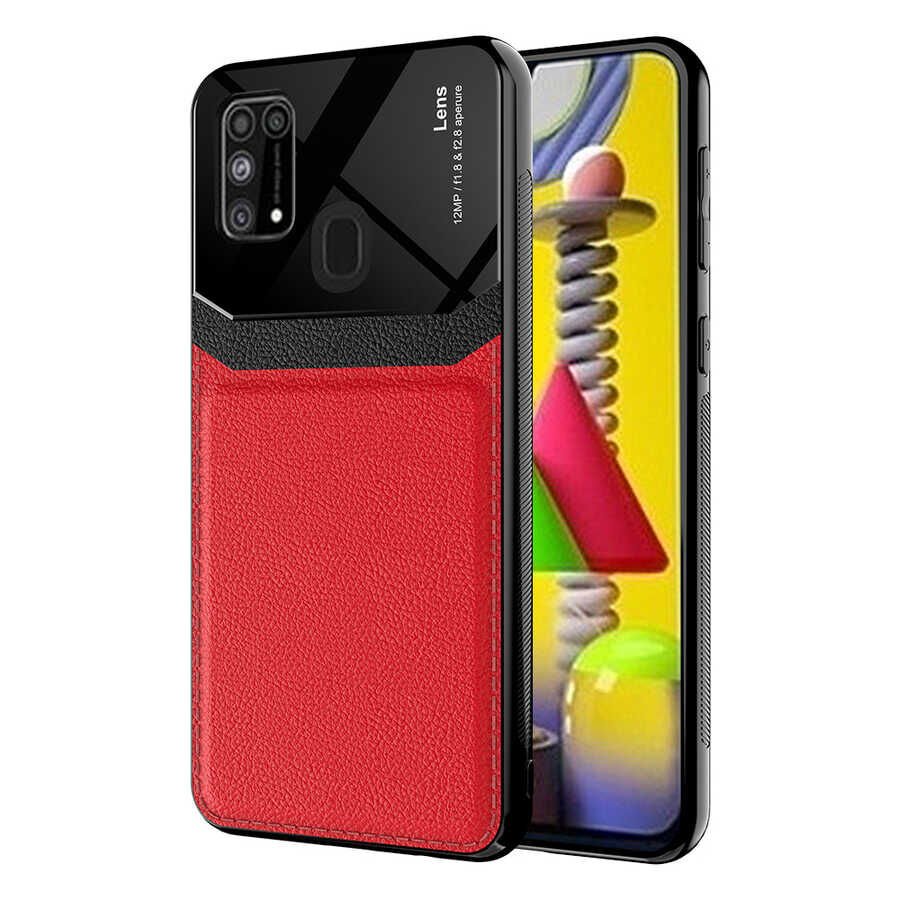 Samsung Galaxy M31 Kılıf Parlak Sert Pc Deri Görünümlü Şık Tasarım Silikon Kapak (Emiks) Kırmızı