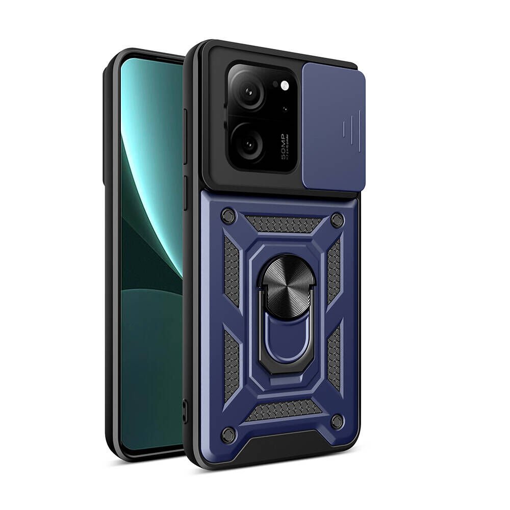 Xiaomi Mi 13T Pro Kılıf Sürgülü Tank Zırh Yüzüklü Mıknatıslı Standlı Kapak (S-VEGA) Mavi