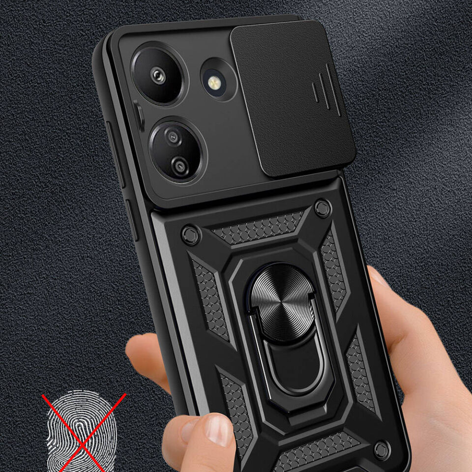 Xiaomi Poco C65 Kılıf Sürgülü Tank Zırh Yüzüklü Mıknatıslı Standlı Kapak (S-VEGA) Siyah