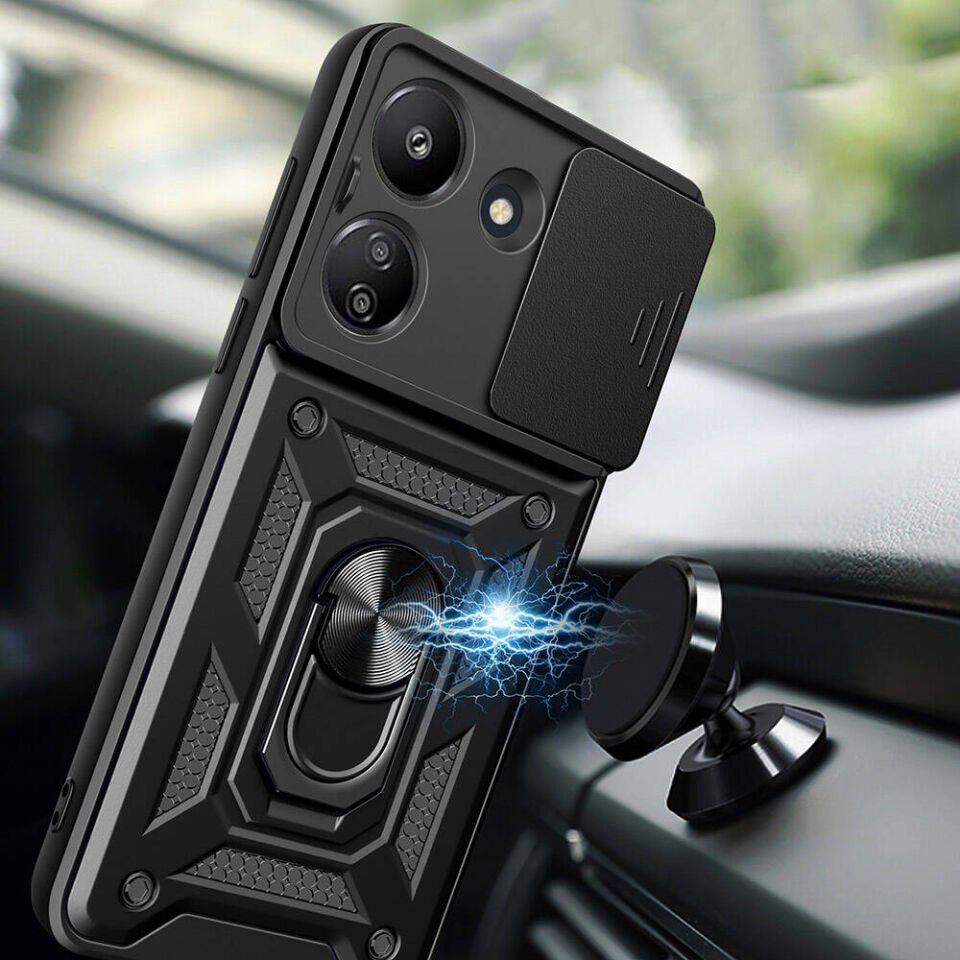 Xiaomi Poco C65 Kılıf Sürgülü Tank Zırh Yüzüklü Mıknatıslı Standlı Kapak (S-VEGA) Siyah