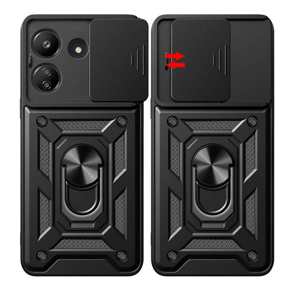 Xiaomi Poco C65 Kılıf Sürgülü Tank Zırh Yüzüklü Mıknatıslı Standlı Kapak (S-VEGA) Siyah