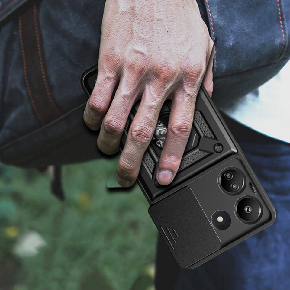 Xiaomi Poco C65 Kılıf Sürgülü Tank Zırh Yüzüklü Mıknatıslı Standlı Kapak (S-VEGA) Siyah