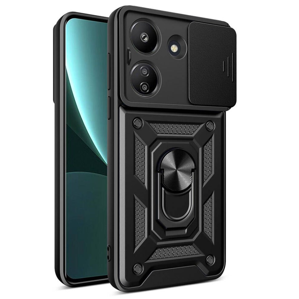 Xiaomi Poco C65 Kılıf Sürgülü Tank Zırh Yüzüklü Mıknatıslı Standlı Kapak (S-VEGA) Siyah