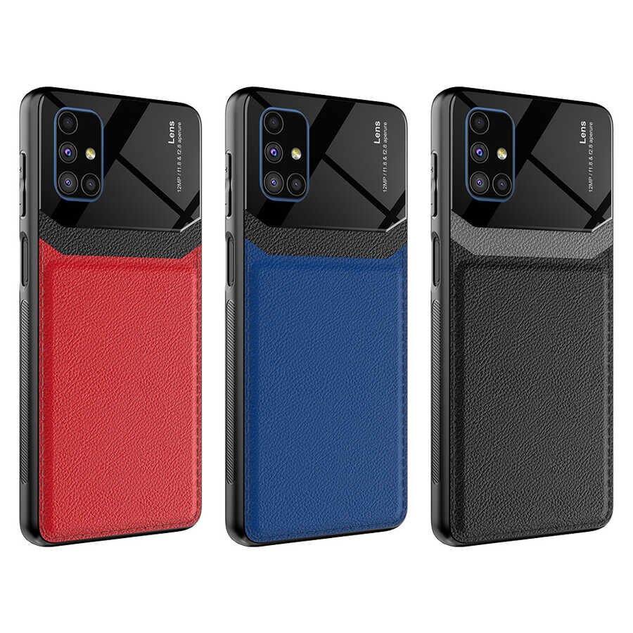 Samsung Galaxy M51 Kılıf Parlak Sert Pc Deri Görünümlü Şık Tasarım Silikon Kapak (Emiks) Lacivert