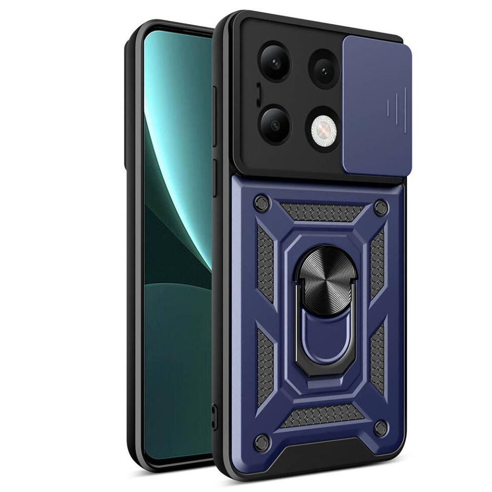Xiaomi Redmi Note 13 4G Kılıf Sürgülü Tank Zırh Yüzüklü Mıknatıslı Standlı Kapak (S-VEGA) Mavi