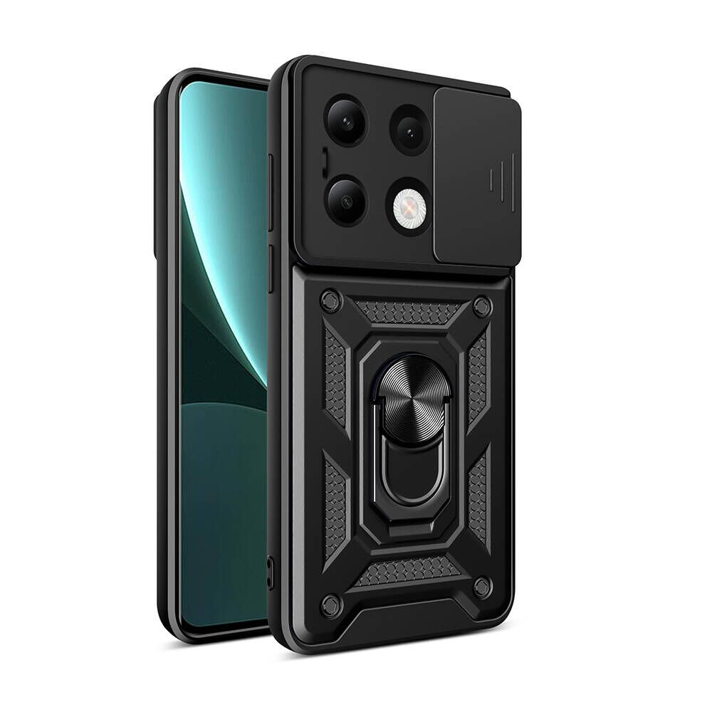 Xiaomi Redmi Note 13 4G Kılıf Sürgülü Tank Zırh Yüzüklü Mıknatıslı Standlı Kapak (S-VEGA) Siyah