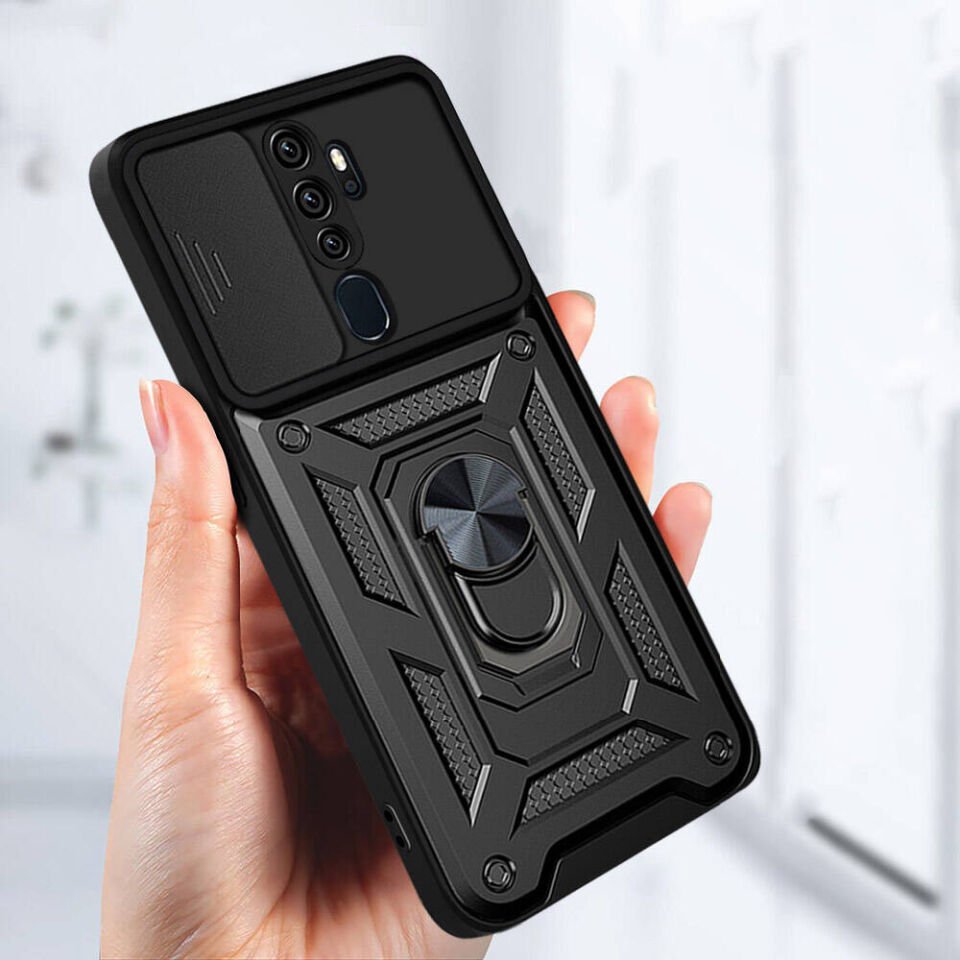 Oppo A9 2020 Kılıf Sürgülü Tank Zırh Yüzüklü Mıknatıslı Standlı Kapak (S-VEGA) Mavi