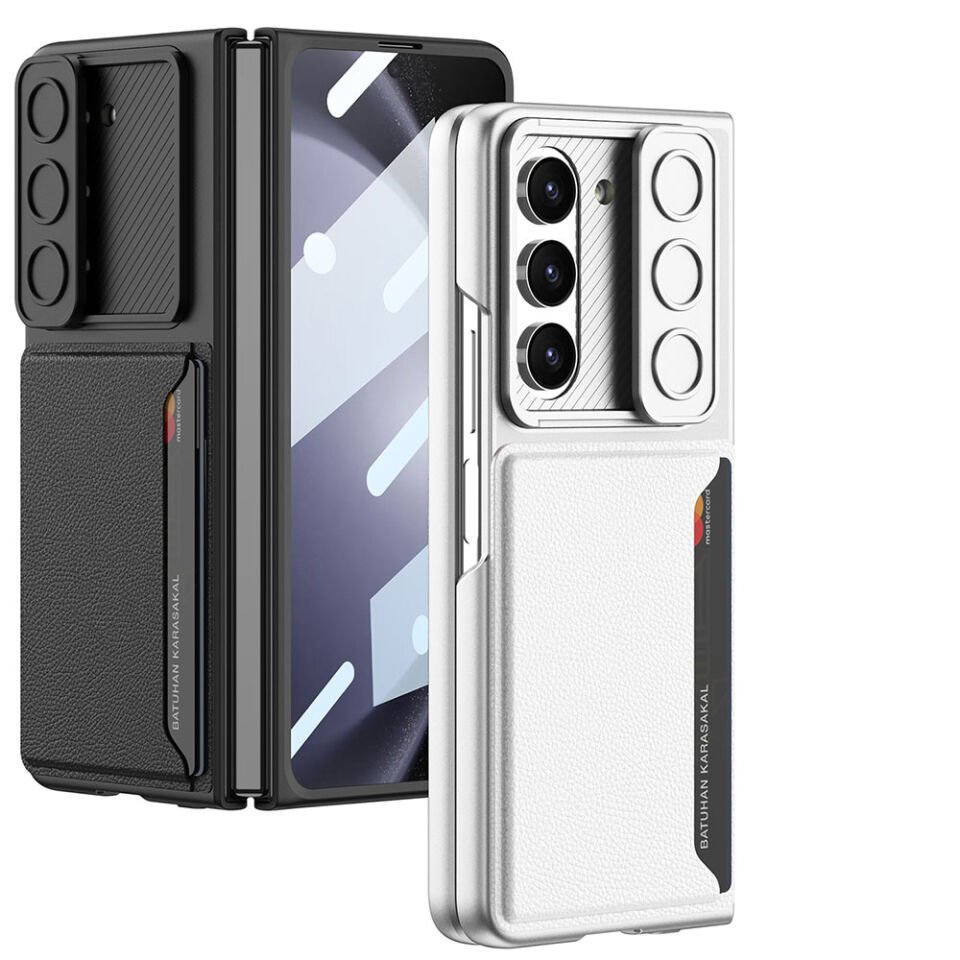 Samsung Galaxy Z Fold 5 Suni Deri Arka Yüzey Sürgülü Kamera Korumalı HEPTEKİLETİŞİM Kartlıklı Kıpta Silikon Kapak