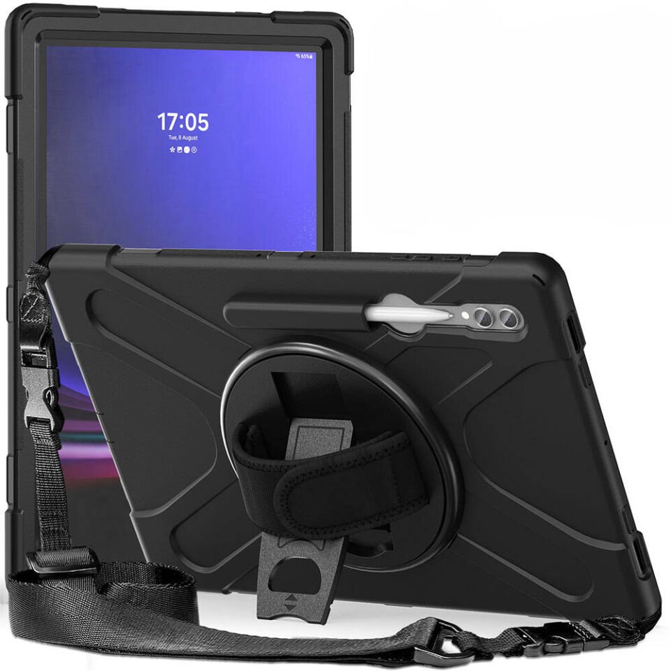 Samsung Galaxy Tab S10 Ultra Kılıf Askılı Standlı Tank Koruyucu Dönen Kapak (DEFENDER) Siyah
