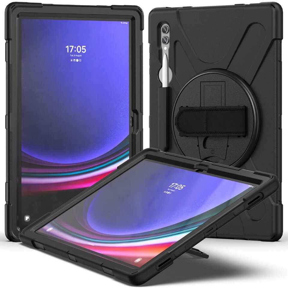 Samsung Galaxy Tab S10 Ultra Kılıf Askılı Standlı Tank Koruyucu Dönen Kapak (DEFENDER) Siyah